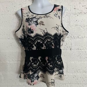 Fashion Magazine Womens Top XL ? Pink Black Floral Sleeveless Lace Stretch E16
